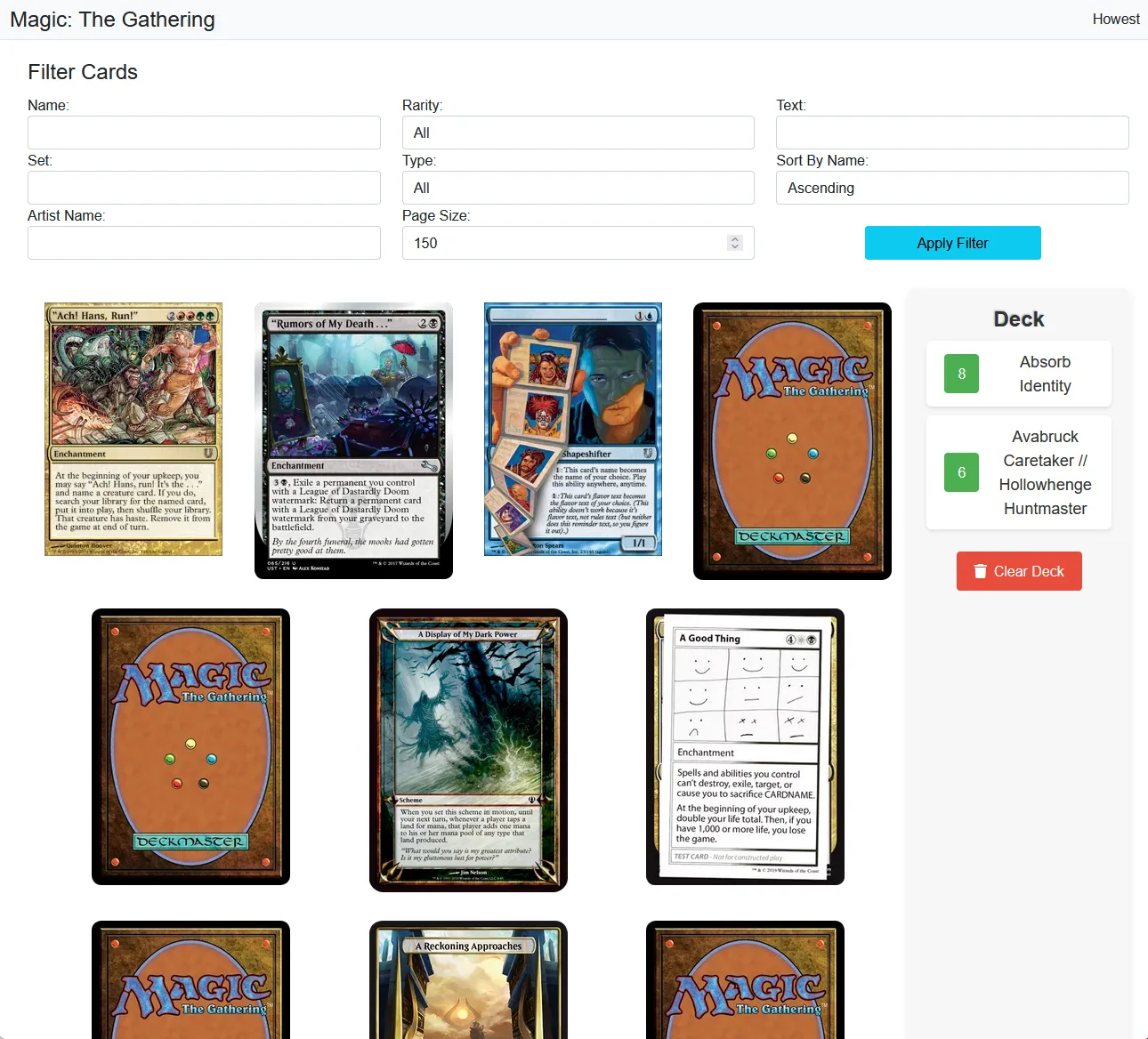 Dashboard Magic: The Gathering Collecting Game